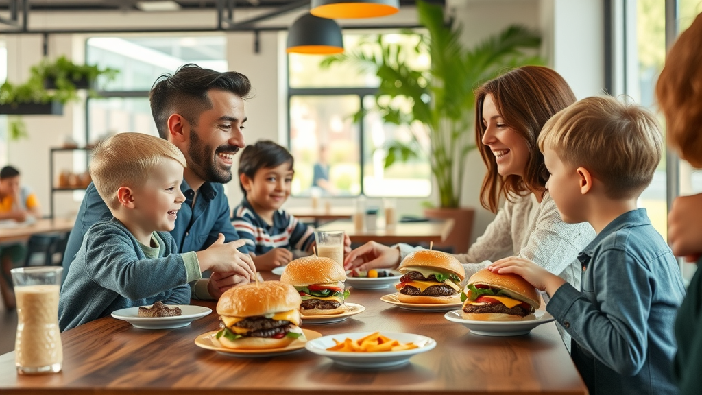 Cheerful family enjoying a build-your-own experience at a gourmet burger bar
