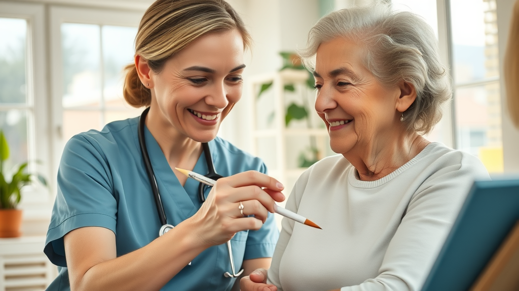 Caring nurse assisting elderly woman in Raleigh memory care facility during art therapy, in a cheerful activity room