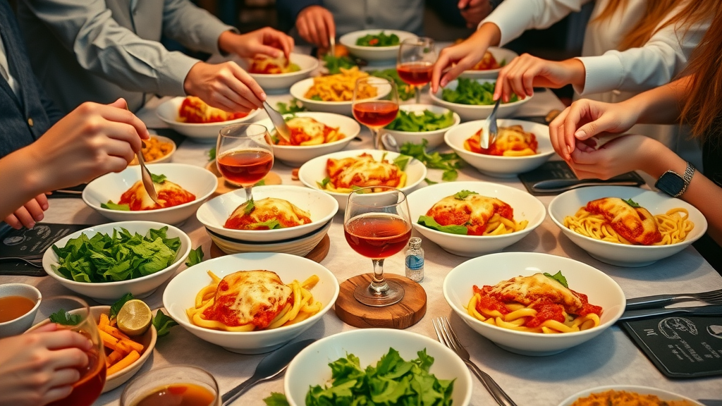 Family-style table with multiple chicken parmesan dishes and classic Italian sides