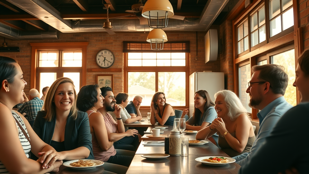 Southern hospitality dining with friendly atmosphere, cozy diner, and happy guests.