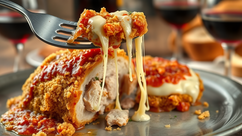 Closeup of chicken parmesan with cheese pull and crispy golden crust