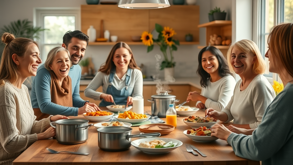 Diverse family enjoys scratch made meals at bright cozy kitchen table