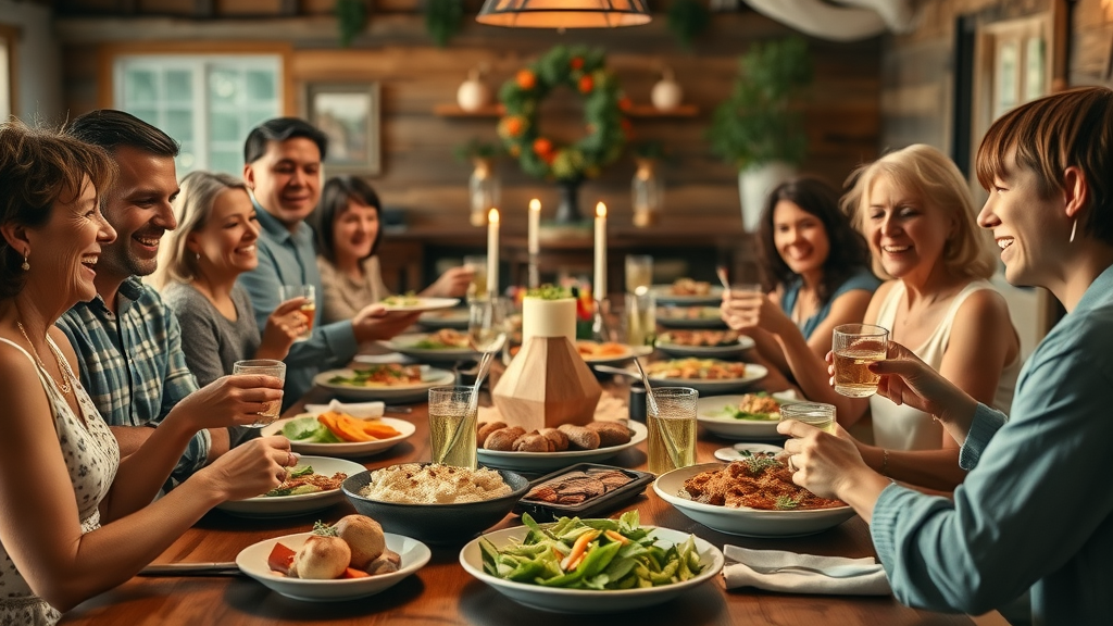 Family sharing comforting southern-inspired meals around rustic dinner table