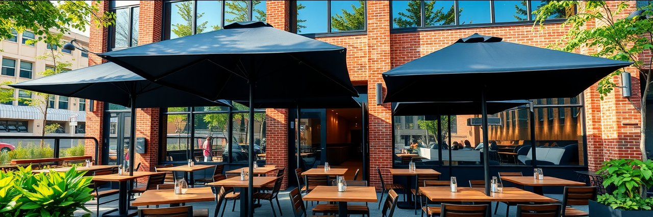 Outdoor seating at gourmet burger bar with brick facade and modern umbrellas