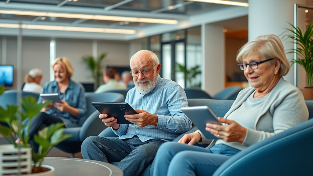 senior apartments Raleigh communal space with seniors using digital devices in technology center