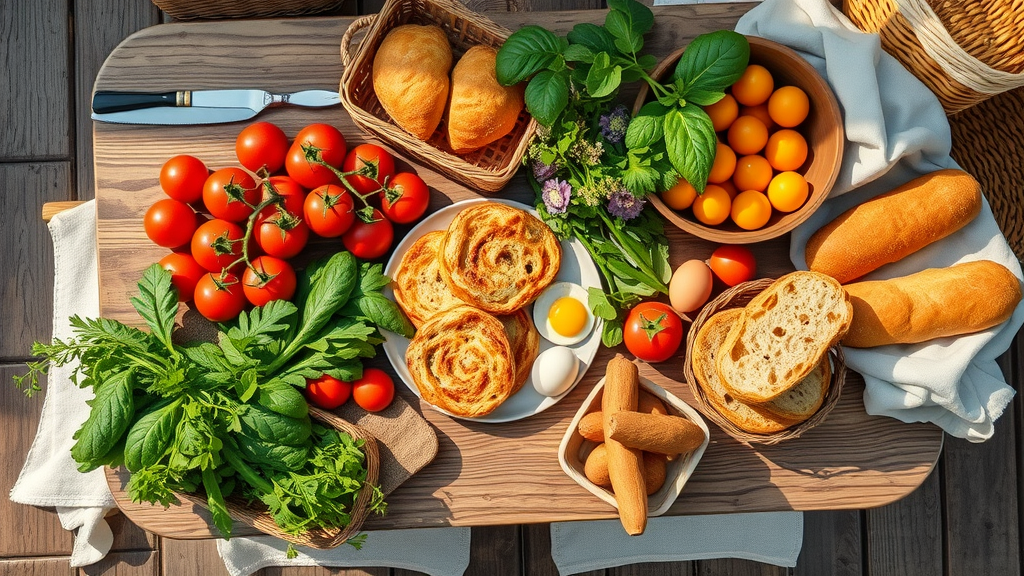 Colorful Durham local ingredients spread on a rustic table outdoors in morning light