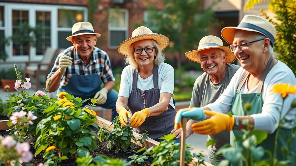 Happy seniors gardening in a community courtyard at a North Raleigh memory care facility, enjoying community engagement