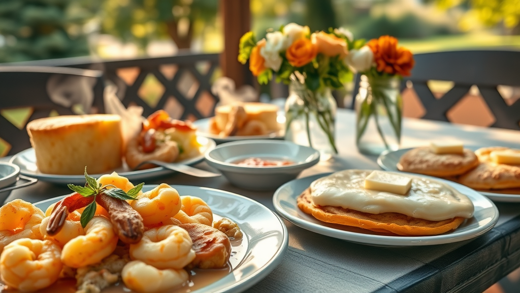 Classic Southern brunch in Raleigh with shrimp and grits, cornbread