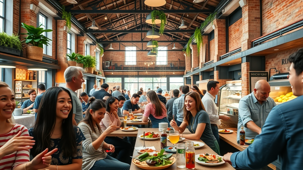 Bustling Raleigh culinary scene with diverse diners sharing local cuisine in lively food hall