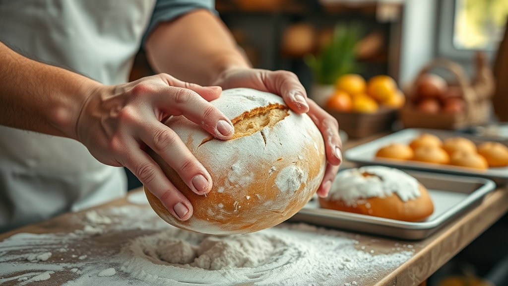 Baker shaping fresh Durham local ingredient bread with flour-dusted hands