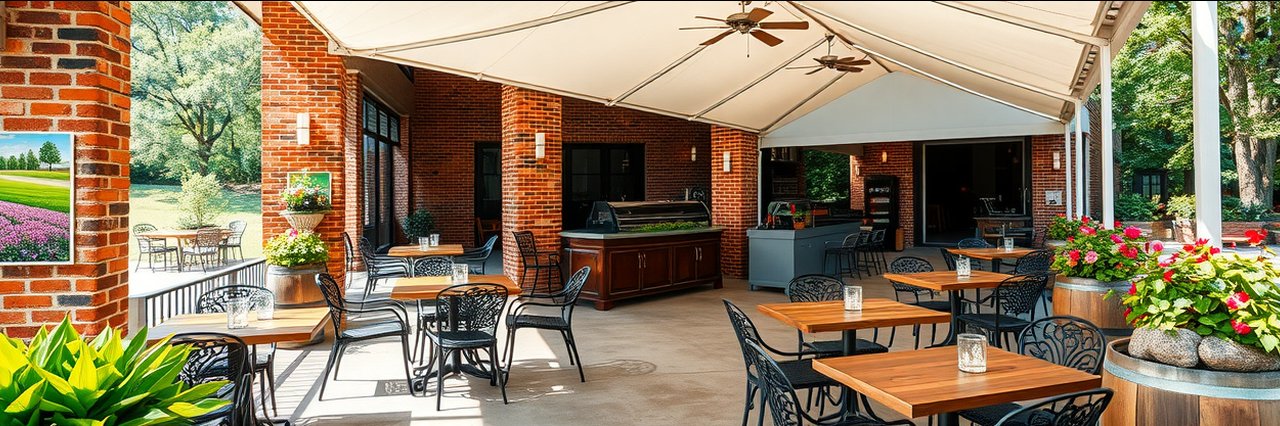 New southern style outdoor dining patio with rustic planters and mural art.