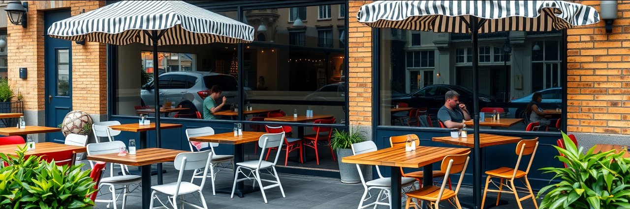 Outdoor patio of historic local restaurant with large windows and daytime city view