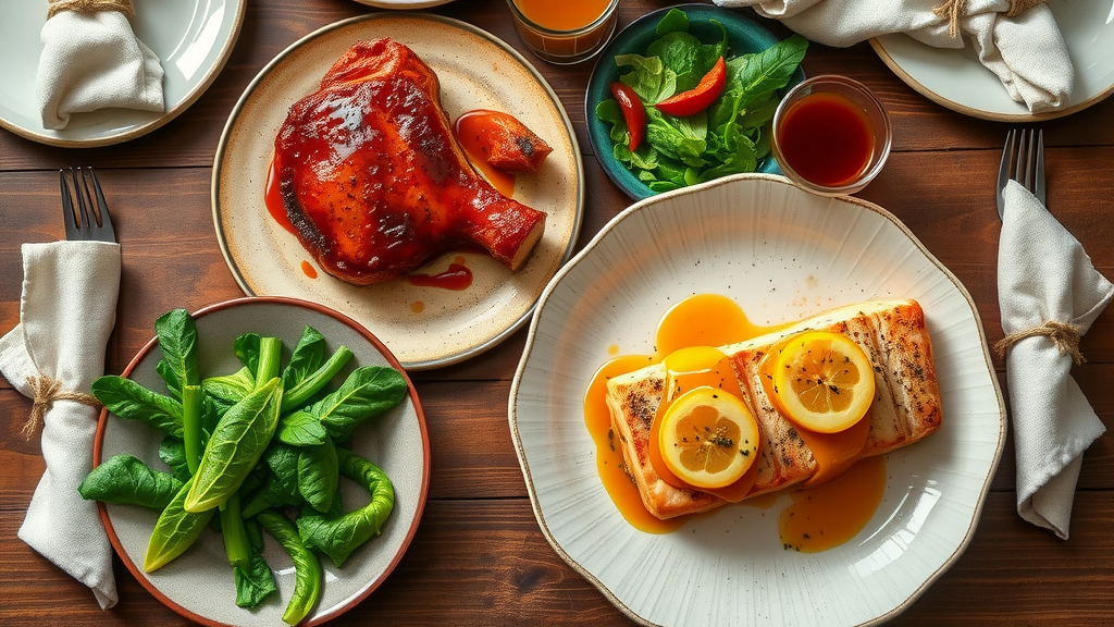 Overhead view of southern-inspired meals with pork chop and salmon