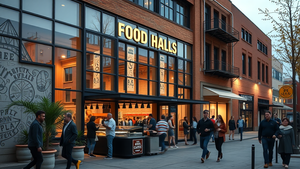 Modern Raleigh food hall in warehouse district with lively crowds and inviting ambiance