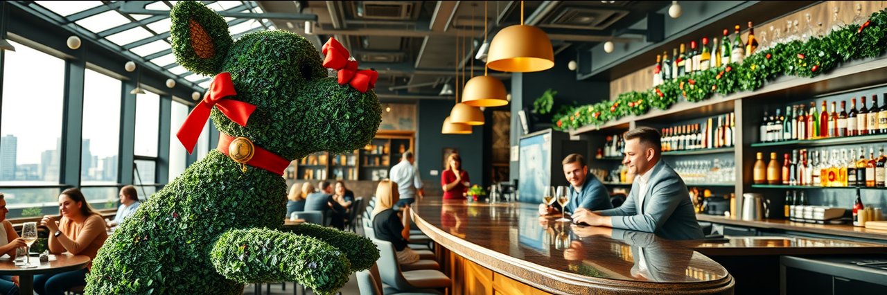 Vibrant restaurant rooftop bar with festive decor and relaxed patrons