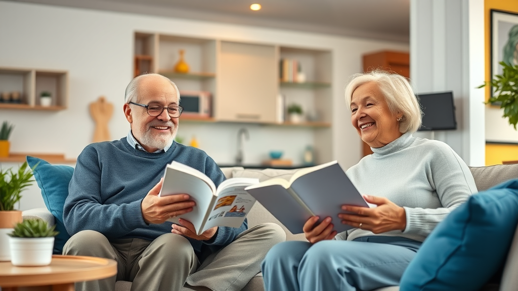 Independent living apartment in Raleigh NC cheerful seniors reading in cozy living area