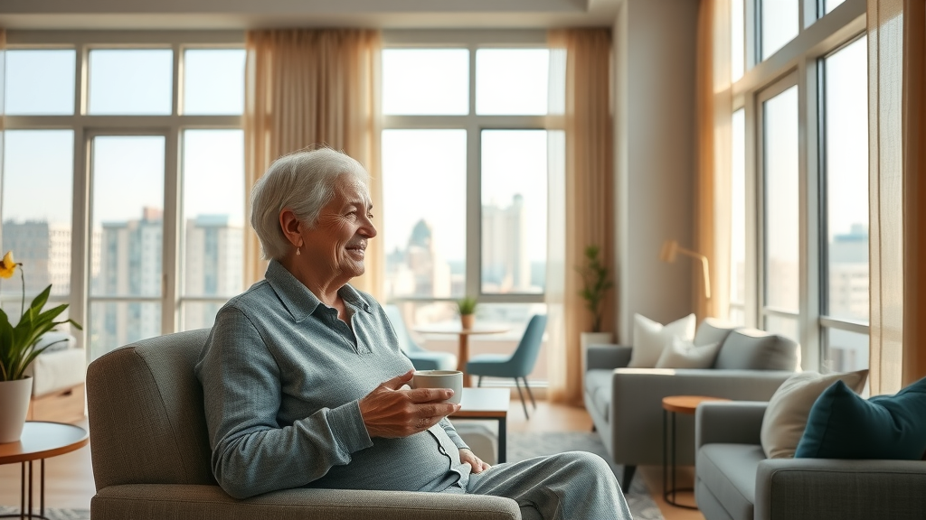 bright interior of a modern senior living apartment in Raleigh NC with comfortable furnishings, large windows, and a relaxing resident