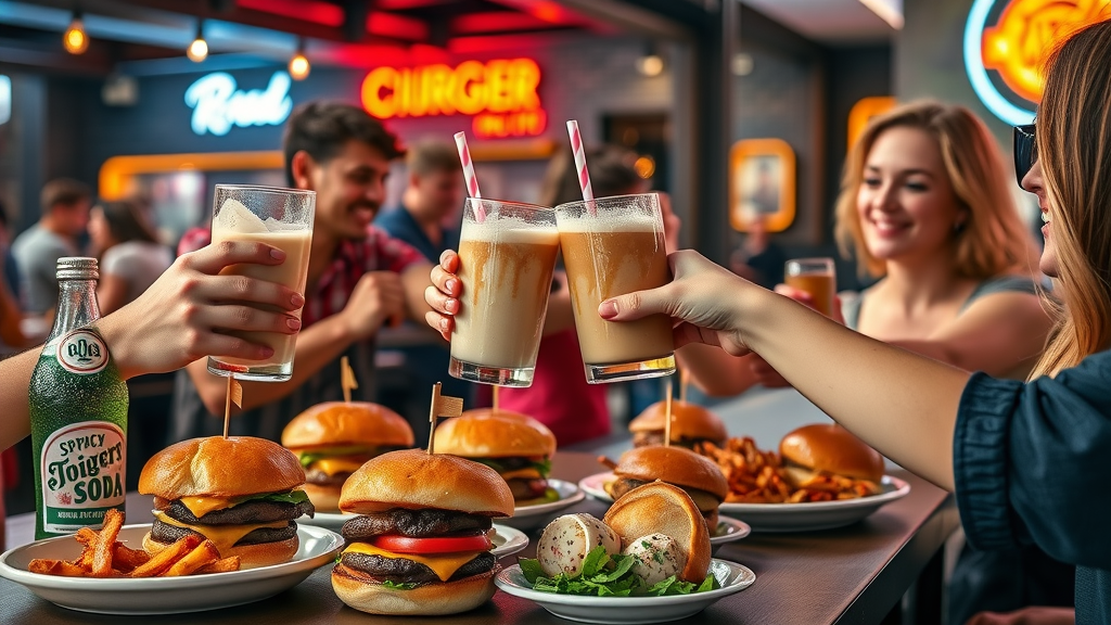 Foodies celebrating with drinks and gourmet burgers at a stylish burger bar