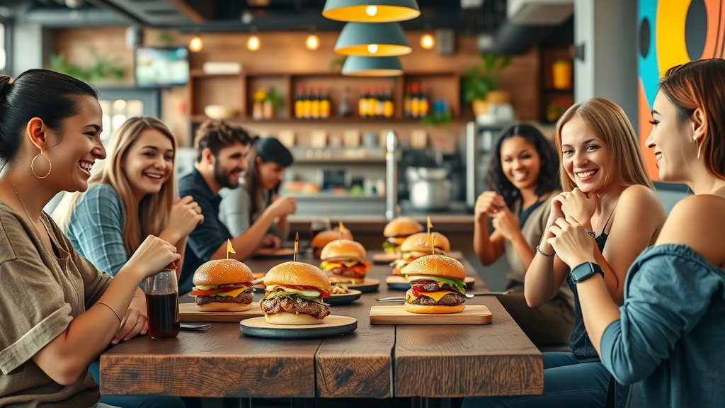 Friends enjoying creative choices at a vibrant gourmet burger bar