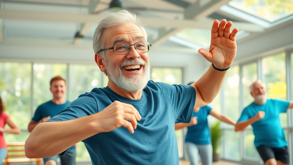 active senior man participating in group fitness class at Raleigh independent living community