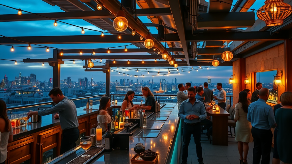 Rooftop bar at night in Durham, bartenders mixing drinks for lively guests.