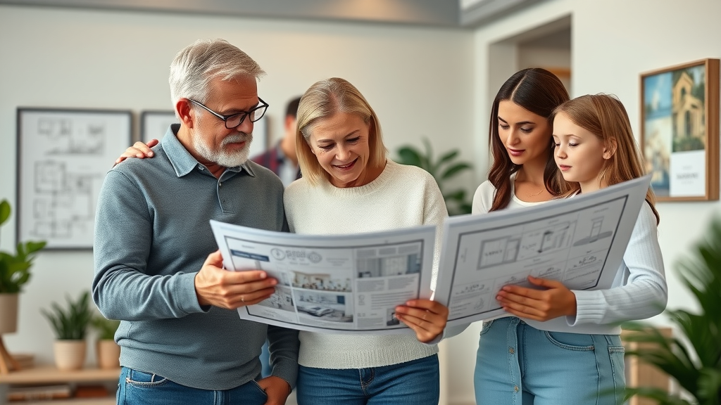 Choosing retirement community Raleigh NC - family reviews floor plans with advisor in modern sales office