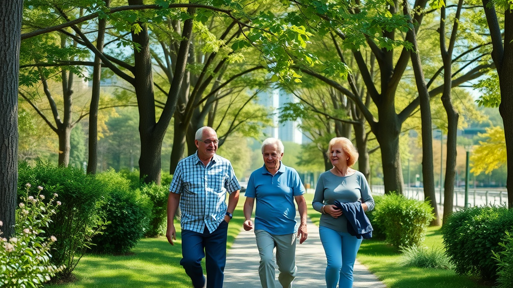 Raleigh NC seniors walking along scenic city park trail with skyline in the background
