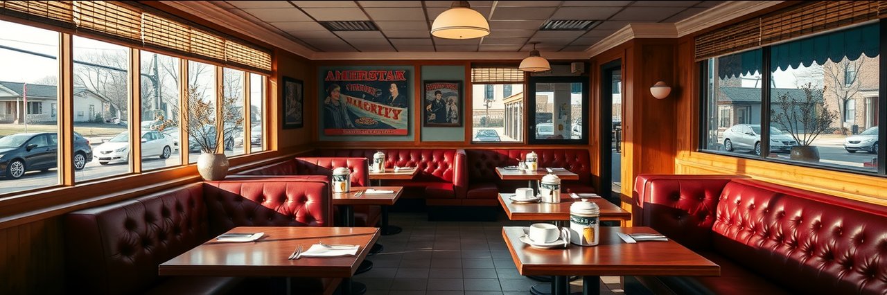 Cozy Durham diner with booths and tables set for breakfast favorites.