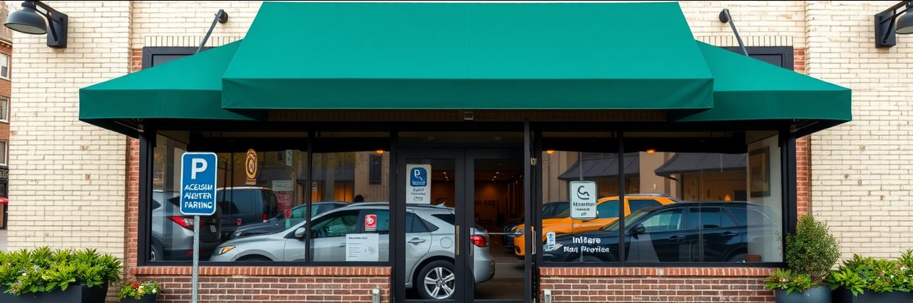 Inviting restaurant with green awning and accessible parking for family-friendly dining.