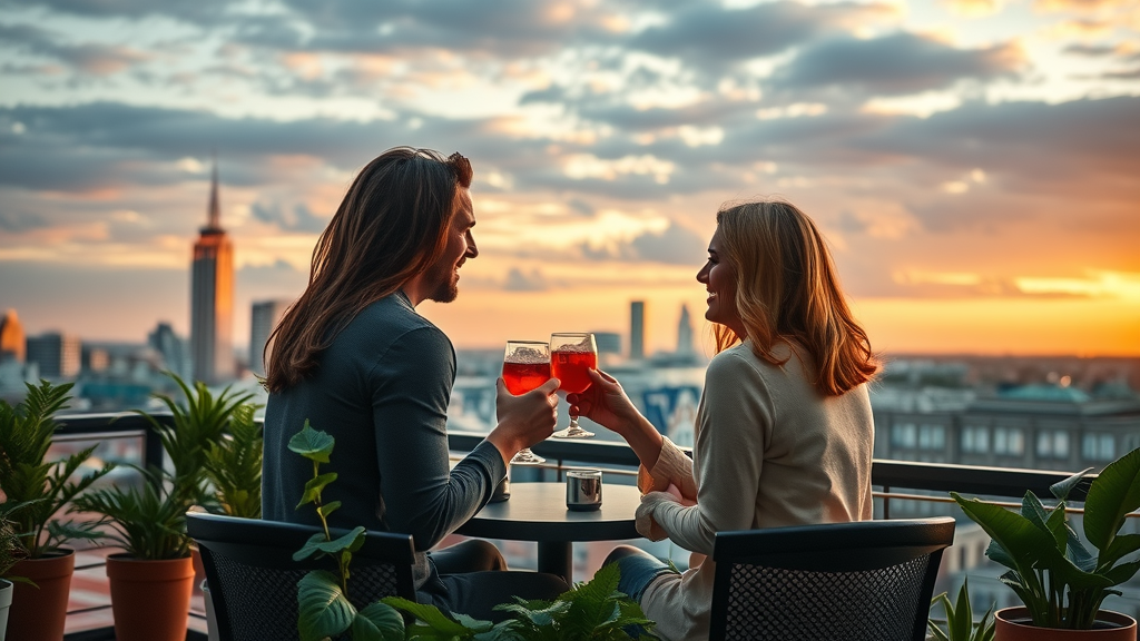Couple enjoying sunset cocktails with Durham city views at a rooftop bar restaurant.