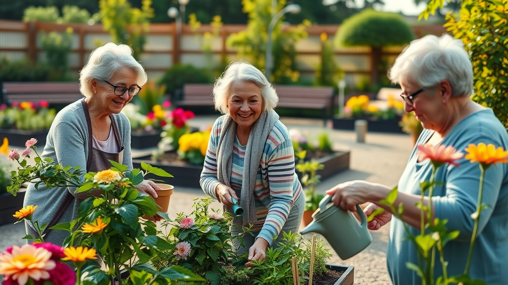 Assisted living Raleigh seniors gardening together, engaging in outdoor activities in a vibrant community garden with flowers and benches