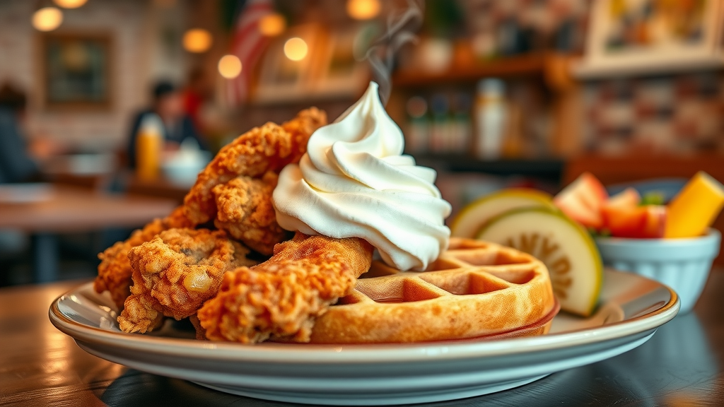 Chicken and waffles with sweet crème shmear at a Southern brunch restaurant.