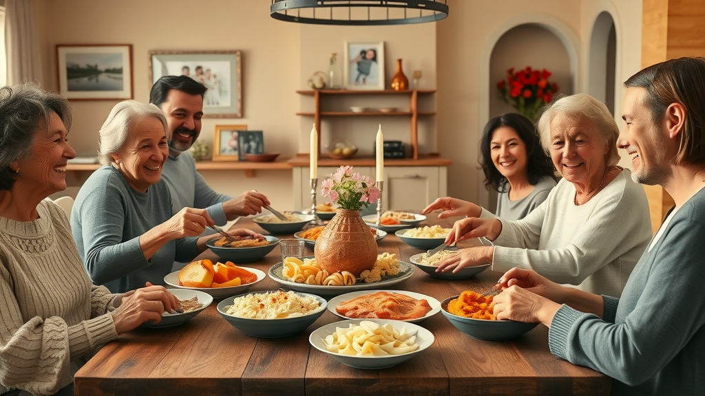 Cheerful family sharing comfort food at cozy home family style dinner.