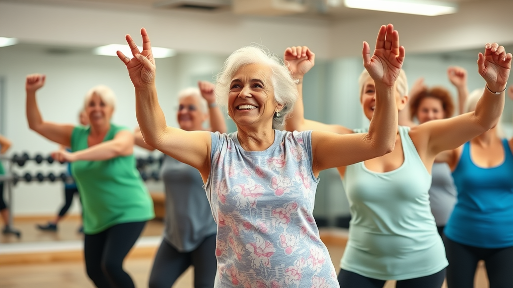 cheerful group fitness class for seniors at Raleigh NC senior living community fitness center
