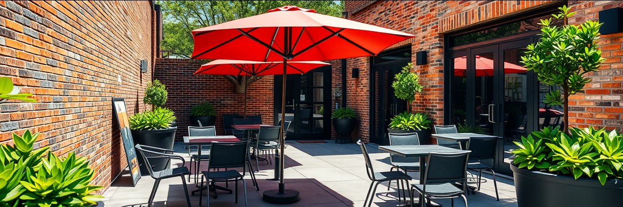 Durham catering services outdoor patio with red umbrellas and black tables.