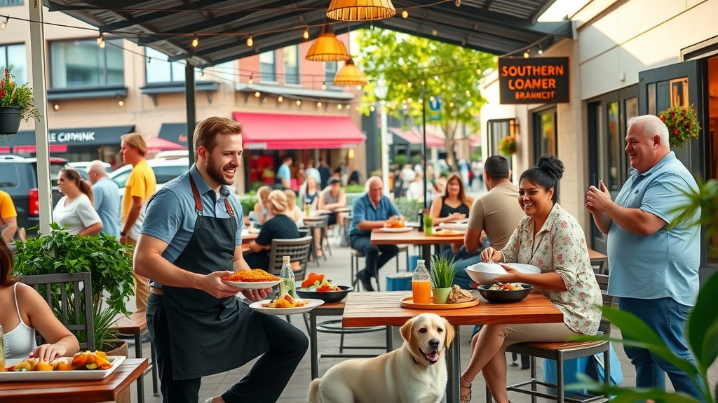 Lively Southern cuisine Raleigh patio brunch with families and pets