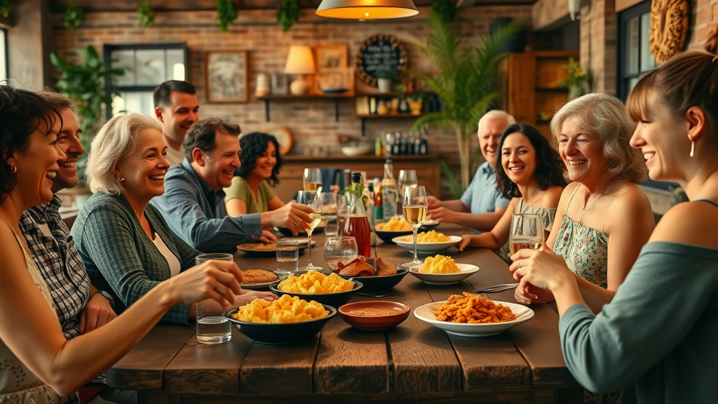 Friends sharing Southern cuisine in a welcoming Raleigh restaurant