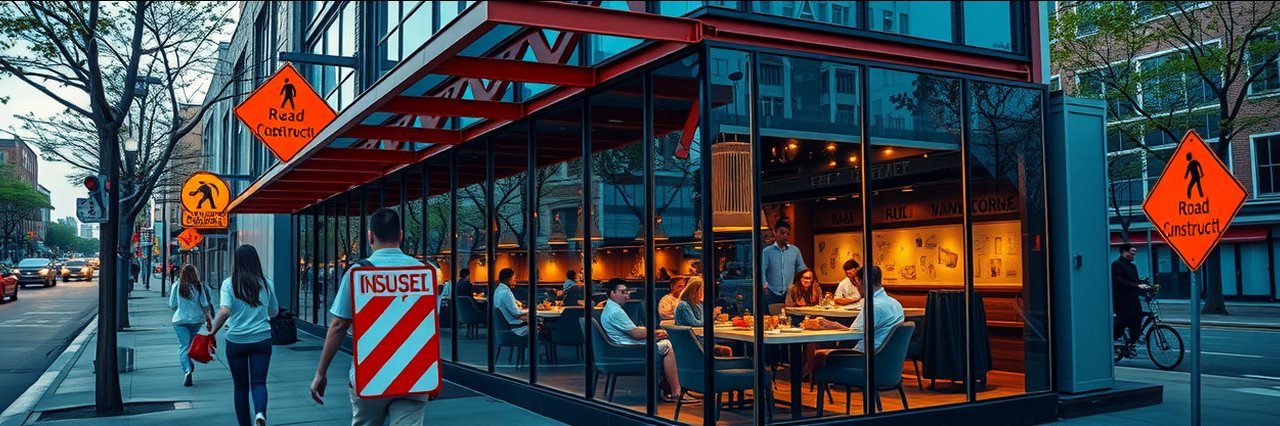 Modern restaurant with lively dine-in takeout options visible through glass walls at night.