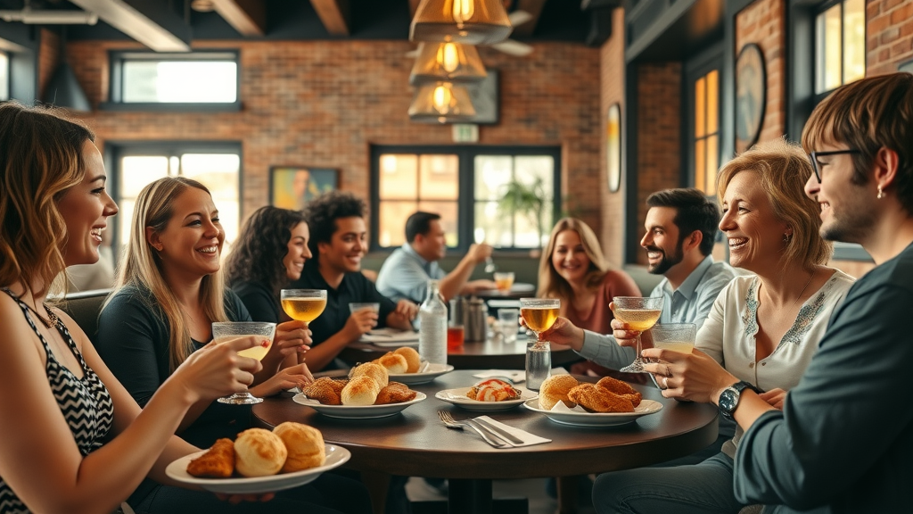 Group enjoying dine-in takeout options in a cozy Southern restaurant setting