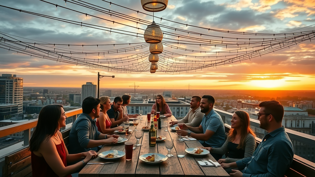 Diverse friends sharing a meal at a vibrant Durham restaurant rooftop bar at sunset.
