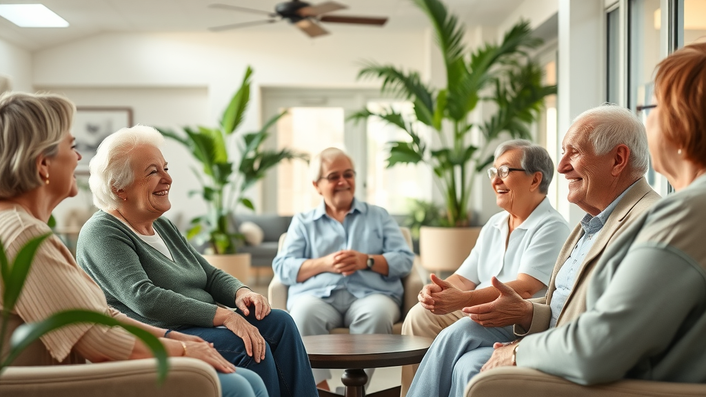 senior apartments Raleigh spacious sunlit lounge with seniors relaxing and conversing in modern apartment community