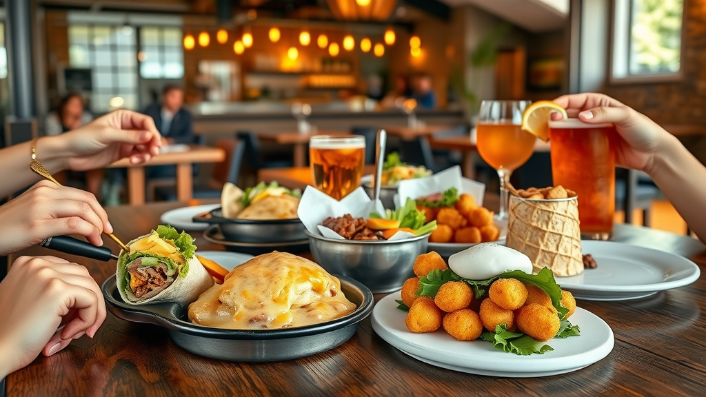 Contemporary new Southern style brunch with biscuits, tater tots, bourbon cocktail.