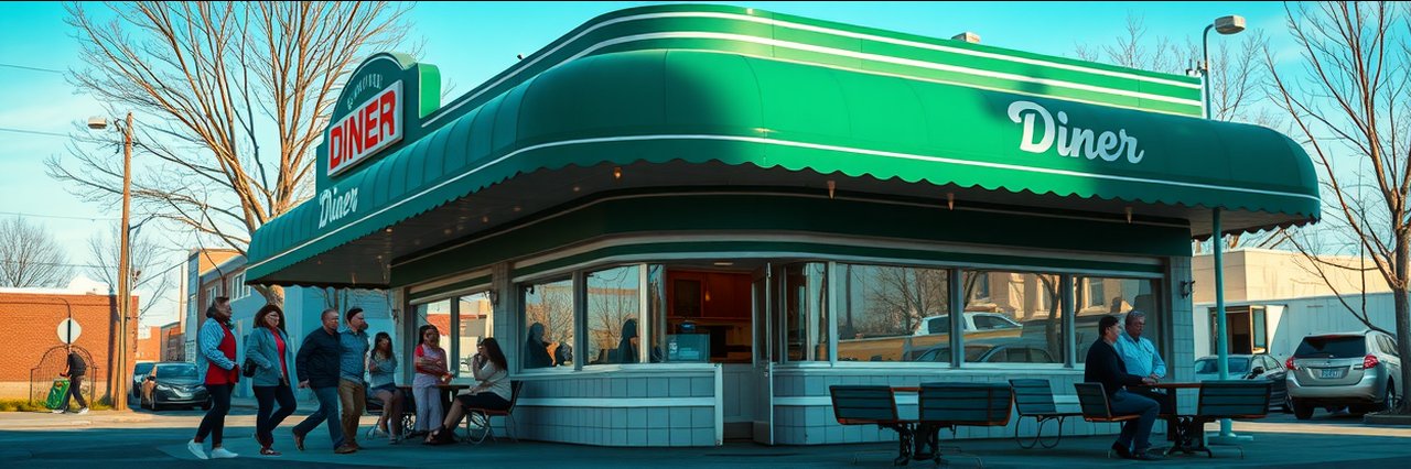 Metro diner with families enjoying outdoor family style dinners under green canopy.