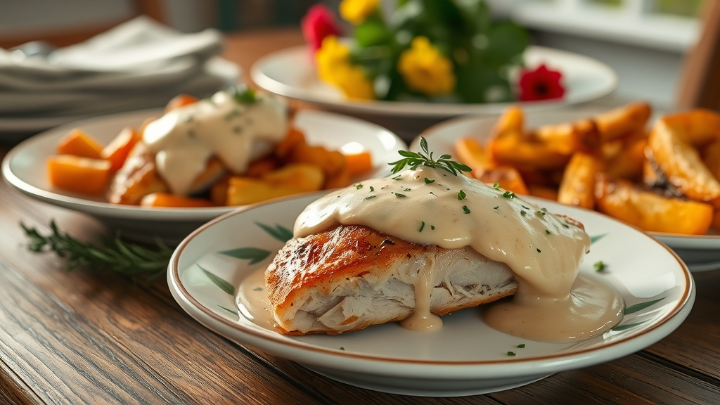 Plated southern-inspired meal with creamy chicken and roasted vegetables
