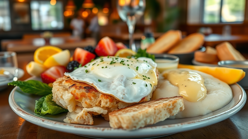 Close-up of a brunch and lunch variety plate: crab cake, eggs, grits, artisan toast, fresh and vibrant.