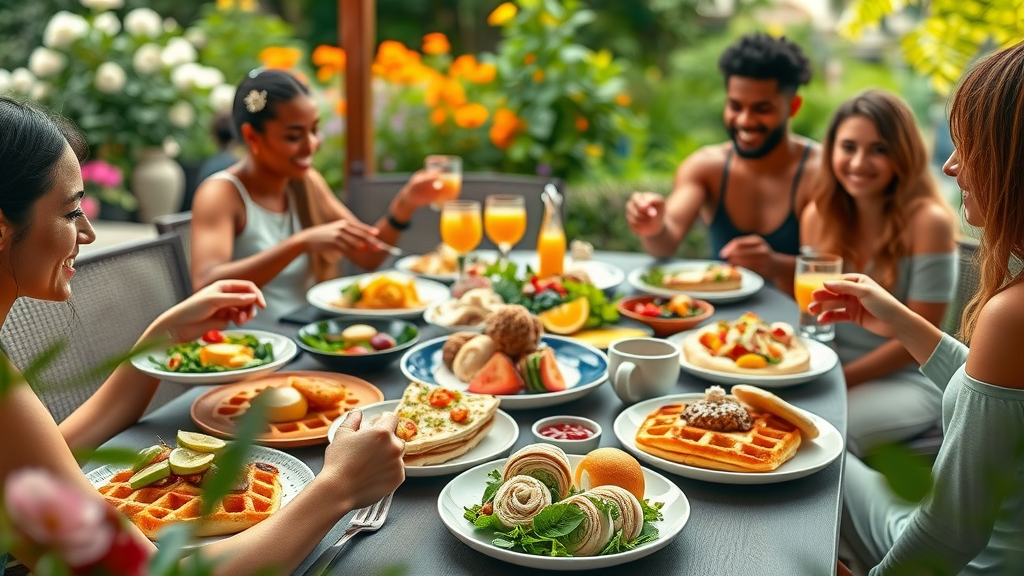 Outdoor garden patio brunch and lunch variety with multicultural group sharing colorful dishes.