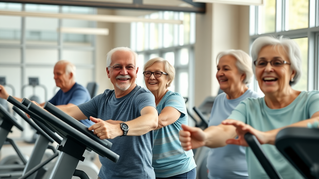 Senior apartment amenities Raleigh, active seniors enjoying fitness center, camaraderie, bright modern gym
