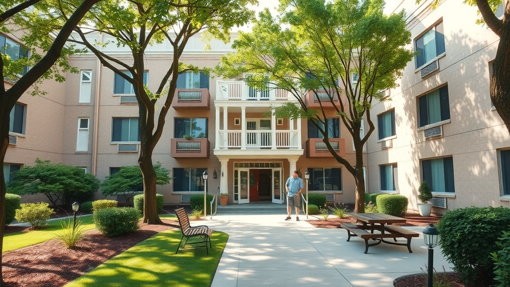 Brighton Pointe, Oak Forest, and Forest Pointe elegant apartment buildings in Raleigh with landscaping and engaging senior residents outdoors
