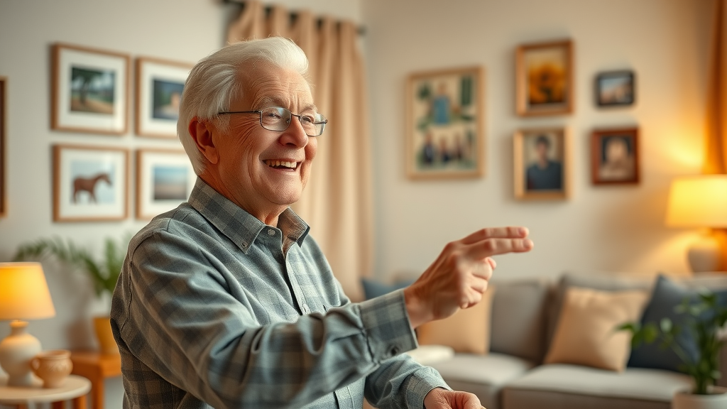 New affordable senior housing Raleigh resident decorating apartment for comfort, framed photos, homey interior, warm lighting