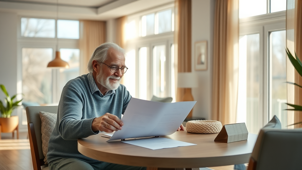 Spacious senior apartment in Raleigh, content senior couple reviewing documents, cozy furnishings, sunlight, sense of comfort and security